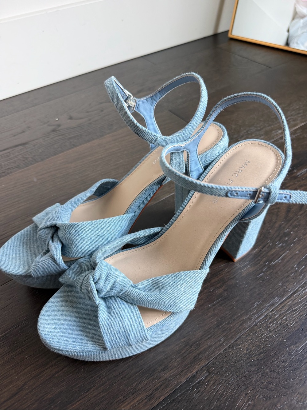 Marc Fisher Light Denim Knot Block-Heel Sandals